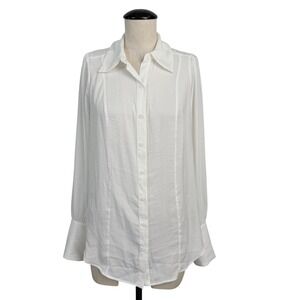 Free People White Silky Long Sleeve Button Down Blouse Textured Seam Detail XS